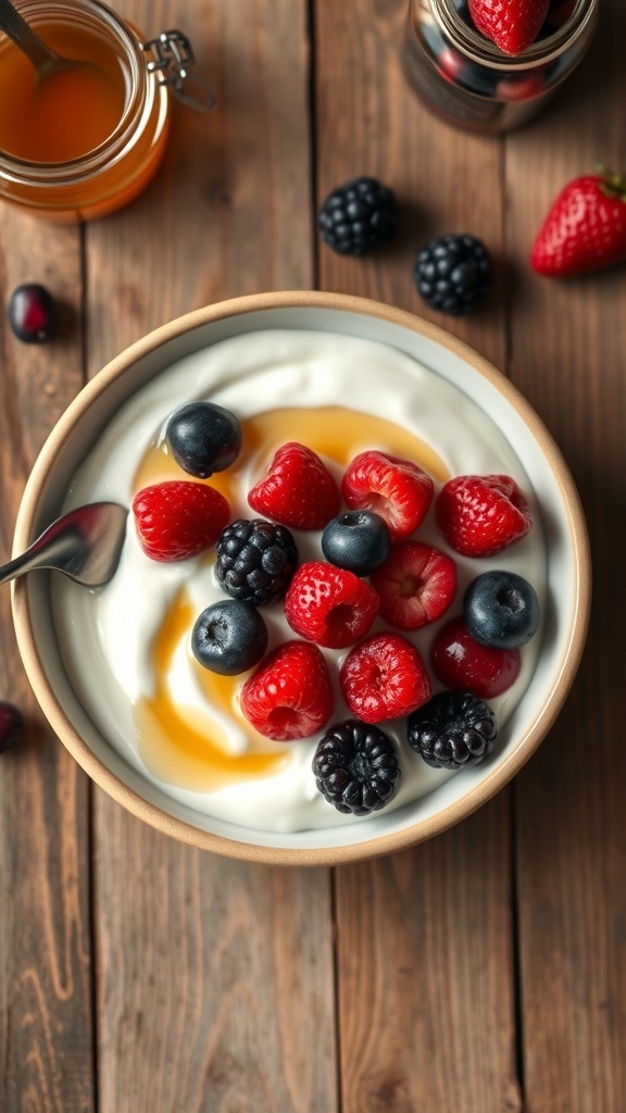 Homemade Yogurt Recipe (24 Ounces) A bowl of homemade yogurt topped with berries and honey on a wooden table.